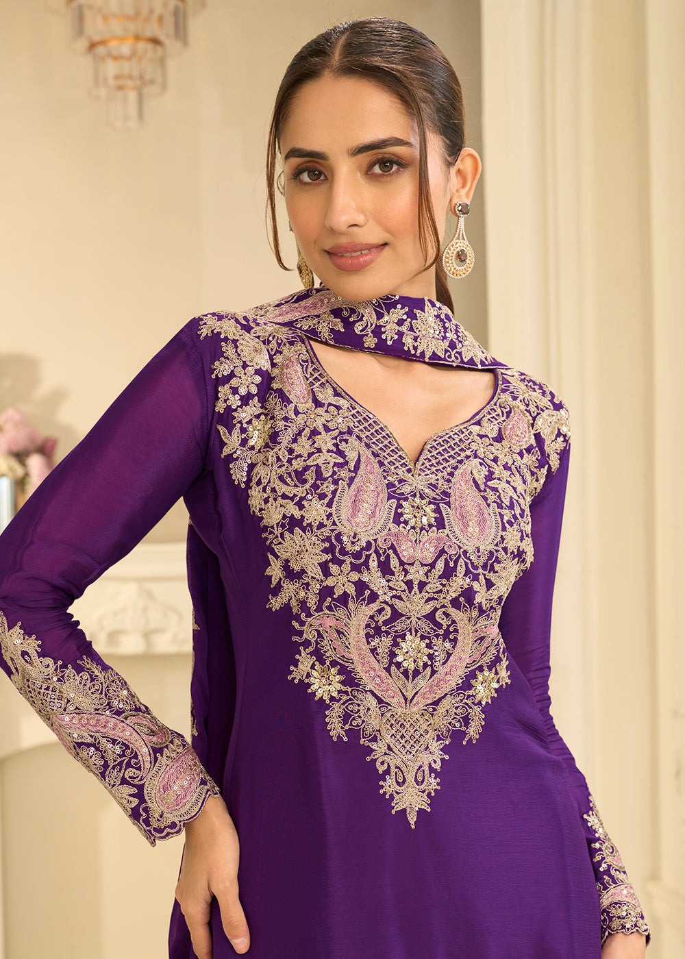 Shop Now Purple Real Chinnon Festive Gharara Style Suit Online at Empress in US, UK, Canada, Italy, Germany, France, Greece, Sweden, UAE, Austria &amp; Worldwide.