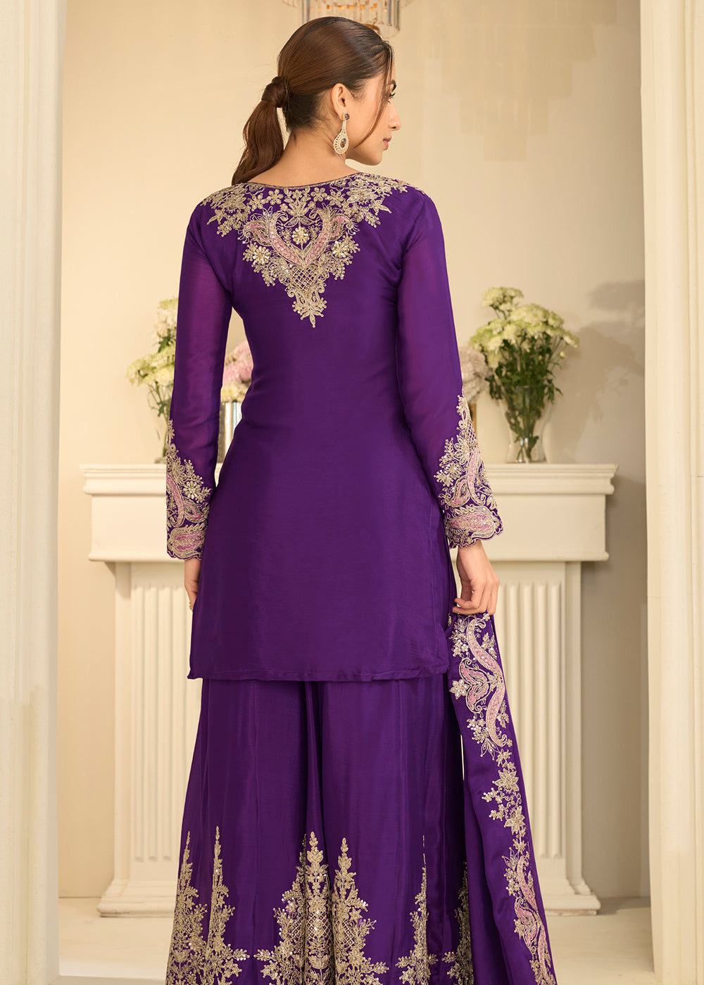 Shop Now Purple Real Chinnon Festive Gharara Style Suit Online at Empress in US, UK, Canada, Italy, Germany, France, Greece, Sweden, UAE, Austria &amp; Worldwide.