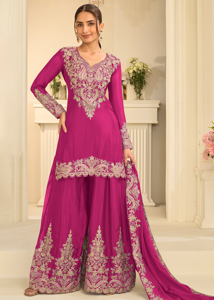 Shop Now Pink Real Chinnon Festive Gharara Style Suit Online at Empress in US, UK, Canada, Italy, Germany, France, Greece, Sweden, UAE, Austria &amp; Worldwide.