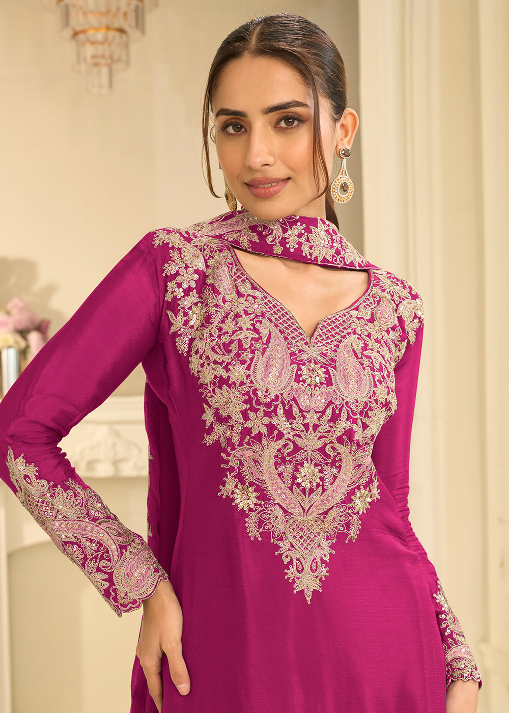Shop Now Pink Real Chinnon Festive Gharara Style Suit Online at Empress in US, UK, Canada, Italy, Germany, France, Greece, Sweden, UAE, Austria &amp; Worldwide.