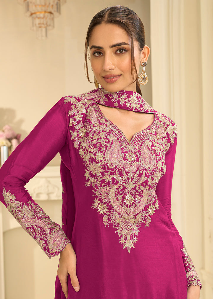 Shop Now Pink Real Chinnon Festive Gharara Style Suit Online at Empress in US, UK, Canada, Italy, Germany, France, Greece, Sweden, UAE, Austria &amp; Worldwide.