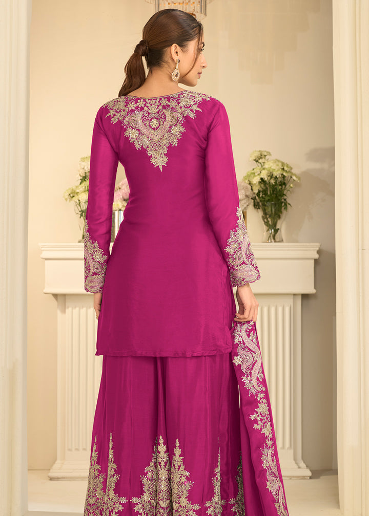 Shop Now Pink Real Chinnon Festive Gharara Style Suit Online at Empress in US, UK, Canada, Italy, Germany, France, Greece, Sweden, UAE, Austria &amp; Worldwide.