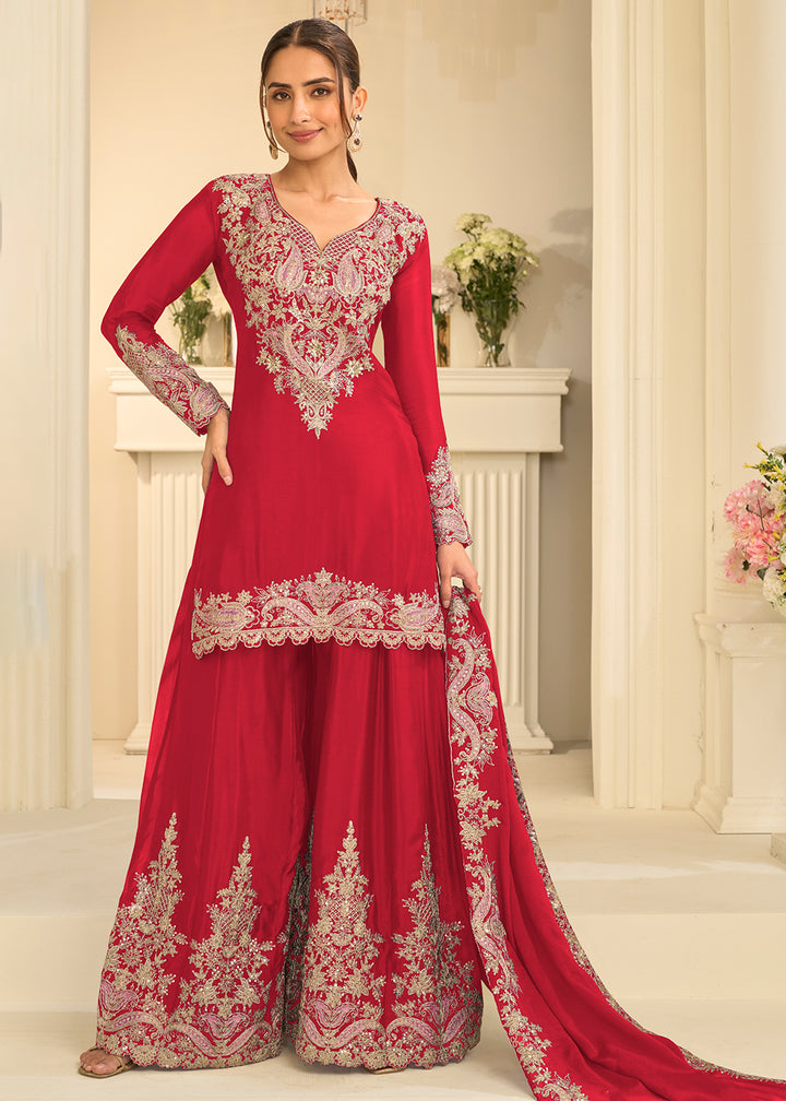 Shop Now Red Real Chinnon Festive Gharara Style Suit Online at Empress in US, UK, Canada, Italy, Germany, France, Greece, Sweden, UAE, Austria &amp; Worldwide.