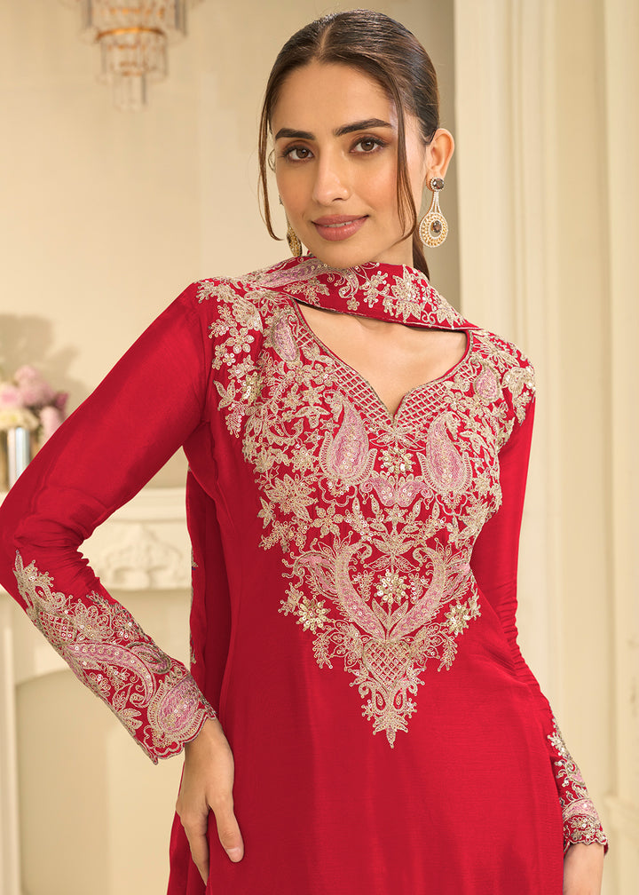 Shop Now Red Real Chinnon Festive Gharara Style Suit Online at Empress in US, UK, Canada, Italy, Germany, France, Greece, Sweden, UAE, Austria &amp; Worldwide.