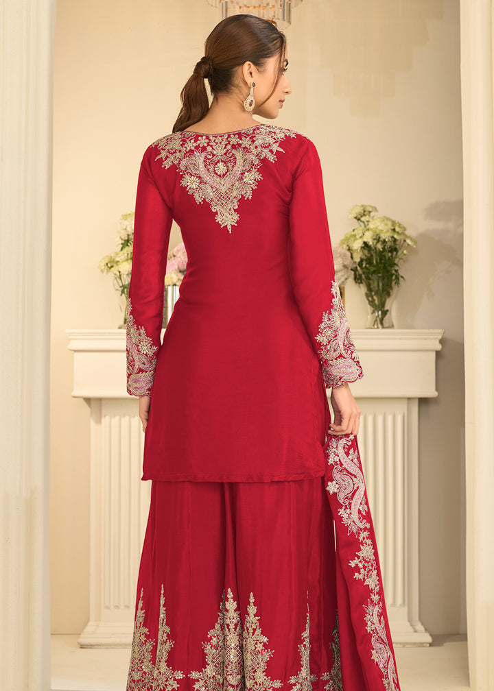 Shop Now Red Real Chinnon Festive Gharara Style Suit Online at Empress in US, UK, Canada, Italy, Germany, France, Greece, Sweden, UAE, Austria &amp; Worldwide.