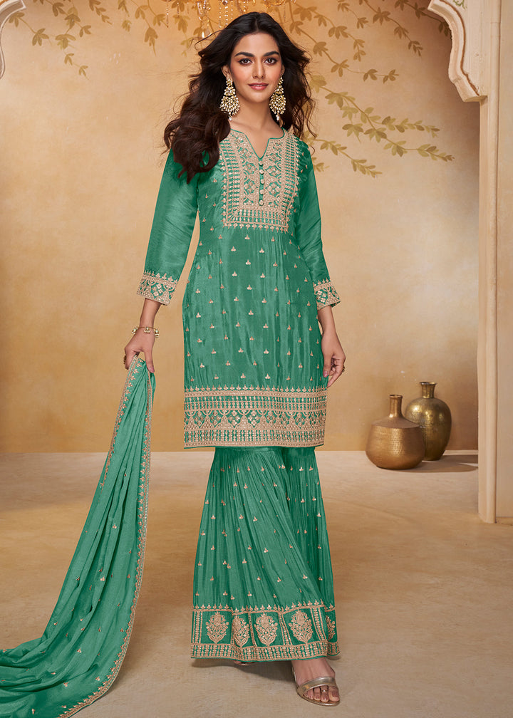 Shop Now Rama Green Real Chinnon Embroidered Gharara Style Dress Online at Empress in US, UK, Canada, Italy, Germany, France, Greece, Sweden, Denmark &amp; Worldwide.