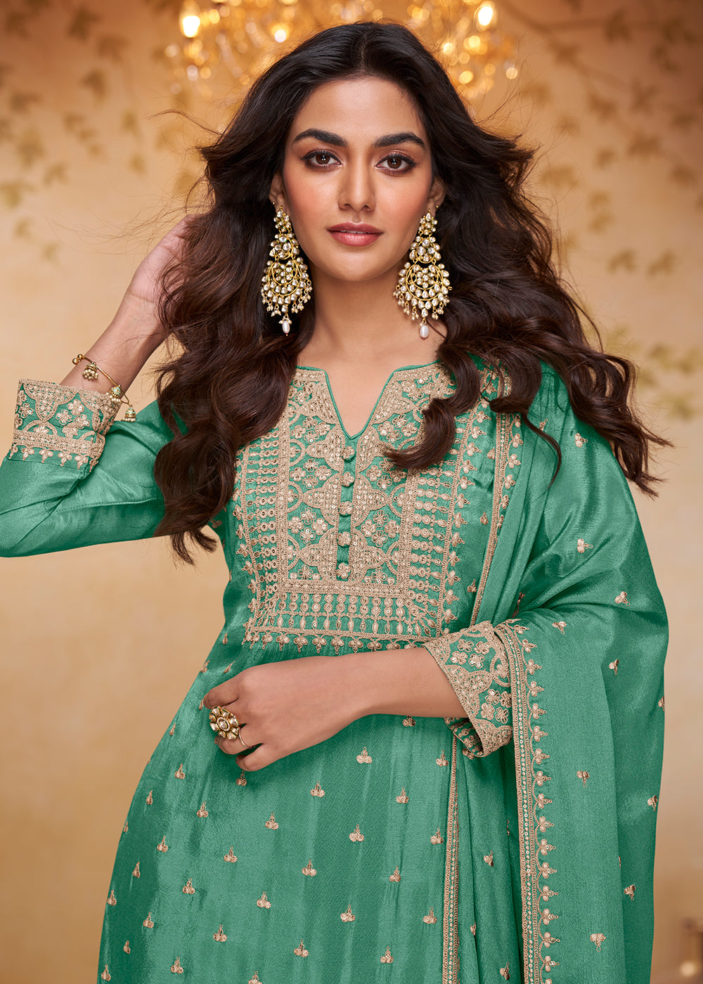 Shop Now Rama Green Real Chinnon Embroidered Gharara Style Dress Online at Empress in US, UK, Canada, Italy, Germany, France, Greece, Sweden, Denmark &amp; Worldwide.