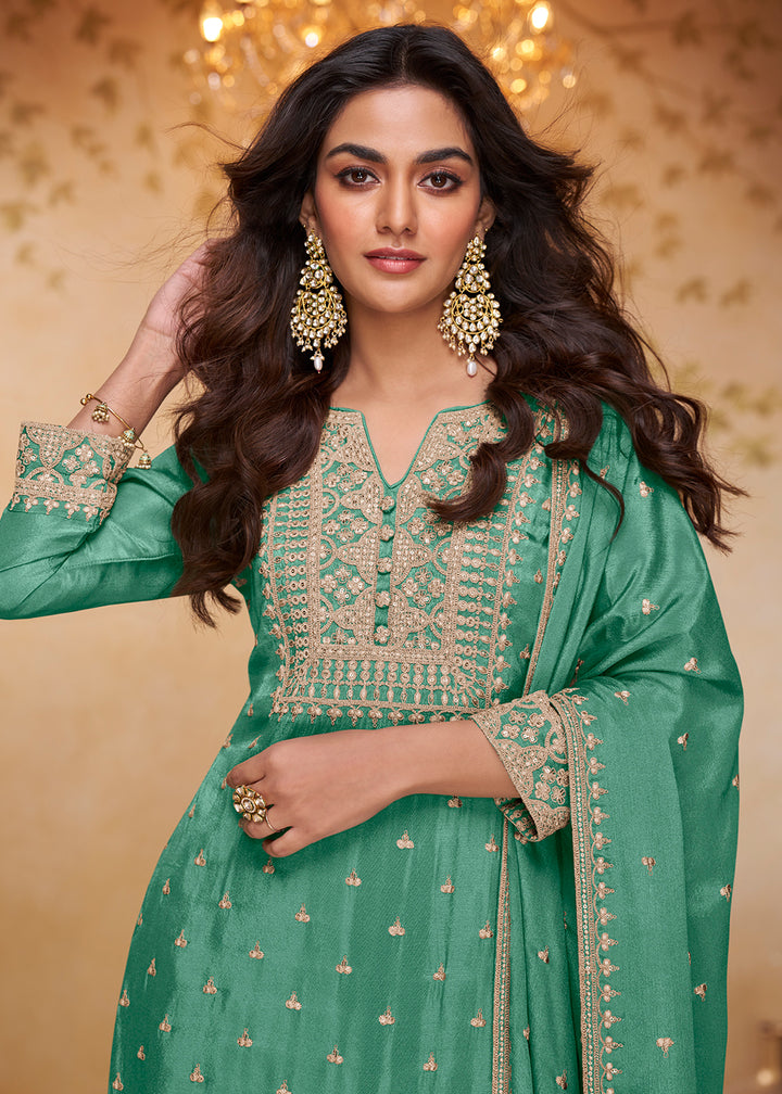 Shop Now Rama Green Real Chinnon Embroidered Gharara Style Dress Online at Empress in US, UK, Canada, Italy, Germany, France, Greece, Sweden, Denmark &amp; Worldwide.