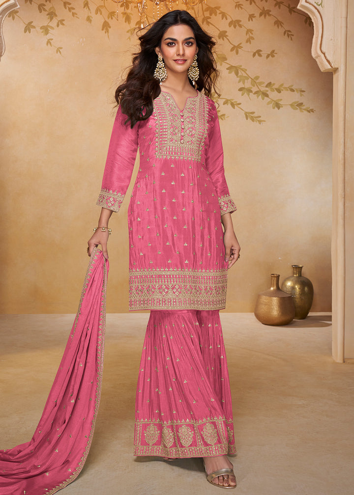 Shop Now Cherry Pink Real Chinnon Embroidered Gharara Style Dress Online at Empress in US, UK, Canada, Italy, Germany, France, Greece, Sweden, Denmark &amp; Worldwide.