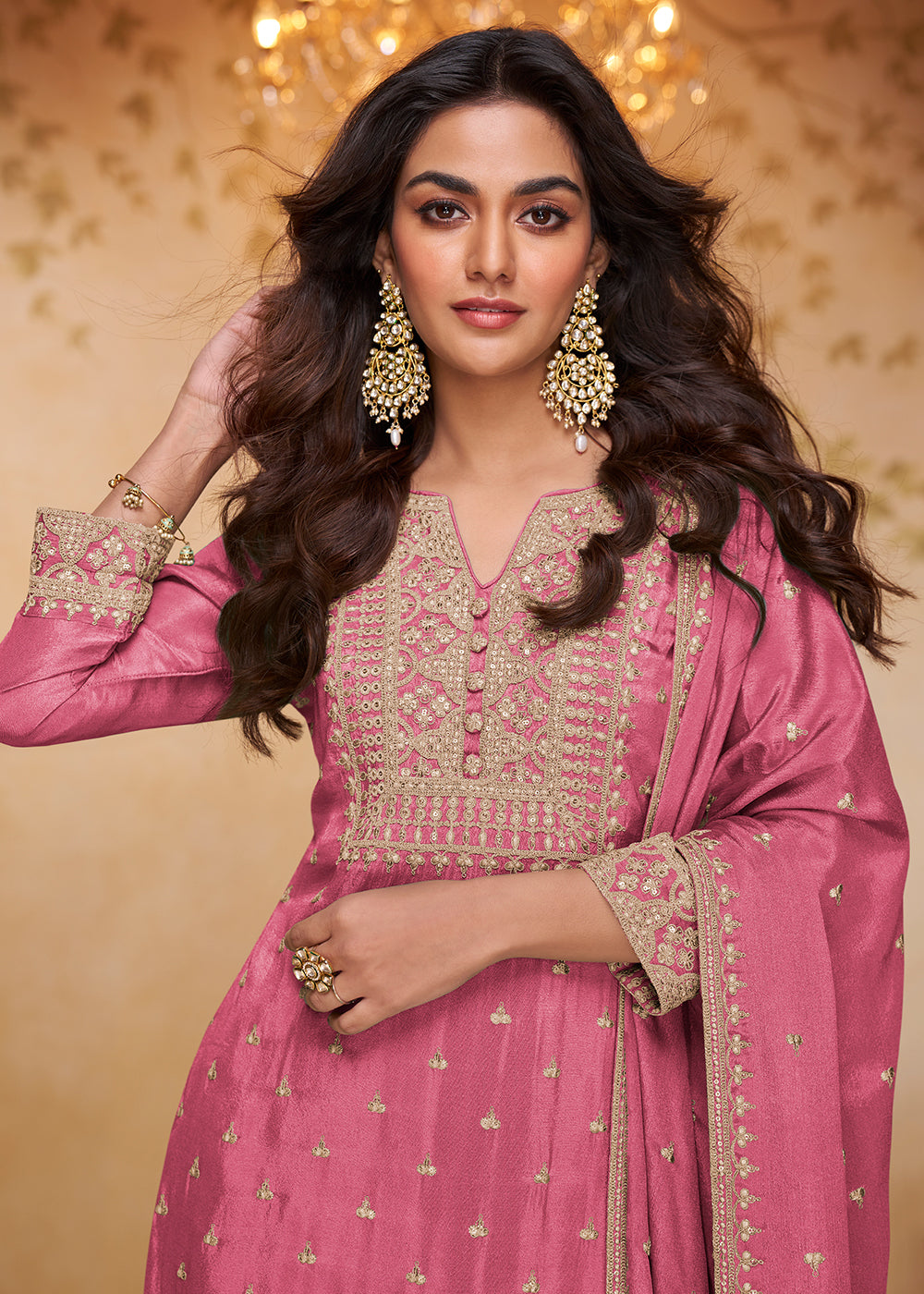 Shop Now Cherry Pink Real Chinnon Embroidered Gharara Style Dress Online at Empress in US, UK, Canada, Italy, Germany, France, Greece, Sweden, Denmark &amp; Worldwide.