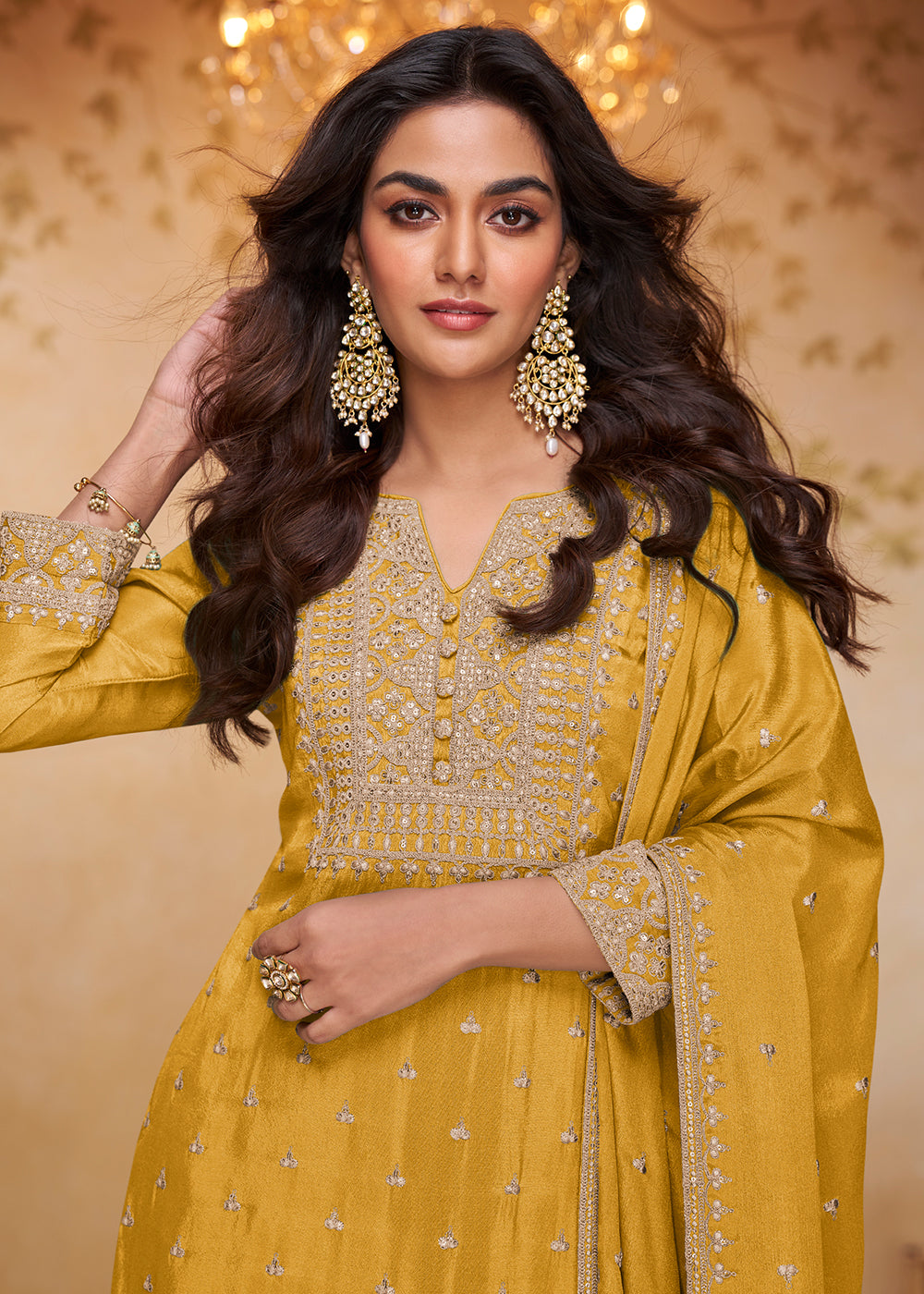 Shop Now Mustard Real Chinnon Embroidered Gharara Style Dress Online at Empress in US, UK, Canada, Italy, Germany, France, Greece, Sweden, Denmark &amp; Worldwide.