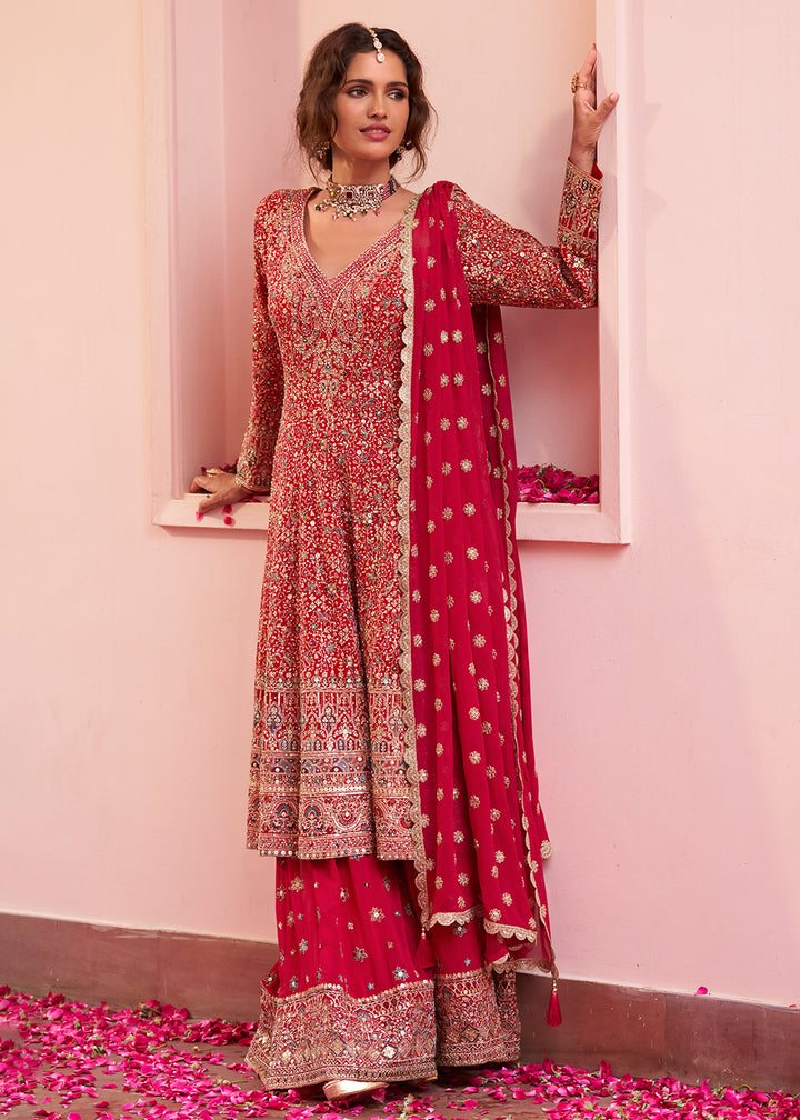 Buy Now Carrot Red Embroidered Real Georgette Palazzo Style Suit Online in US, UK, Canada, Germany, Italy, France, Greece, Australia, UAE &amp; Worldwide at Empress.