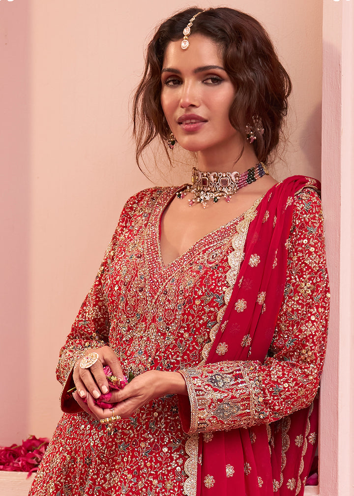 Buy Now Carrot Red Embroidered Real Georgette Palazzo Style Suit Online in US, UK, Canada, Germany, Italy, France, Greece, Australia, UAE &amp; Worldwide at Empress.