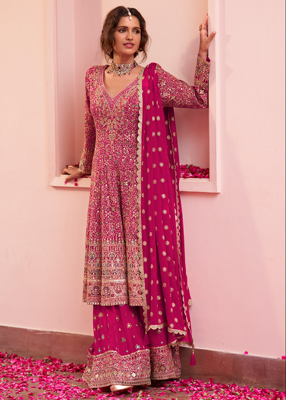 Buy Now Pink Embroidered Real Georgette Palazzo Style Suit Online in US, UK, Canada, Germany, Italy, France, Greece, Australia, UAE & Worldwide at Empress.