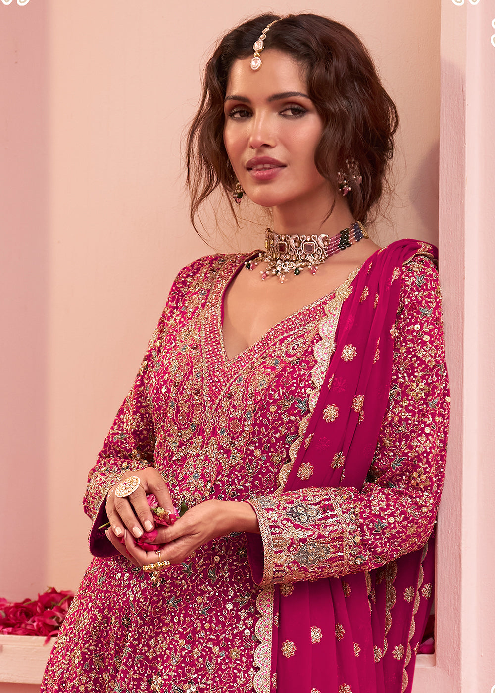 Buy Now Pink Embroidered Real Georgette Palazzo Style Suit Online in US, UK, Canada, Germany, Italy, France, Greece, Australia, UAE &amp; Worldwide at Empress.