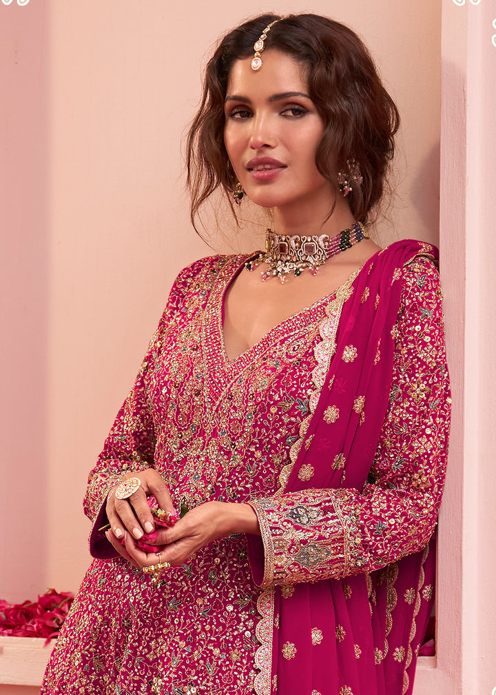 Buy Now Pink Embroidered Real Georgette Palazzo Style Suit Online in US, UK, Canada, Germany, Italy, France, Greece, Australia, UAE &amp; Worldwide at Empress.