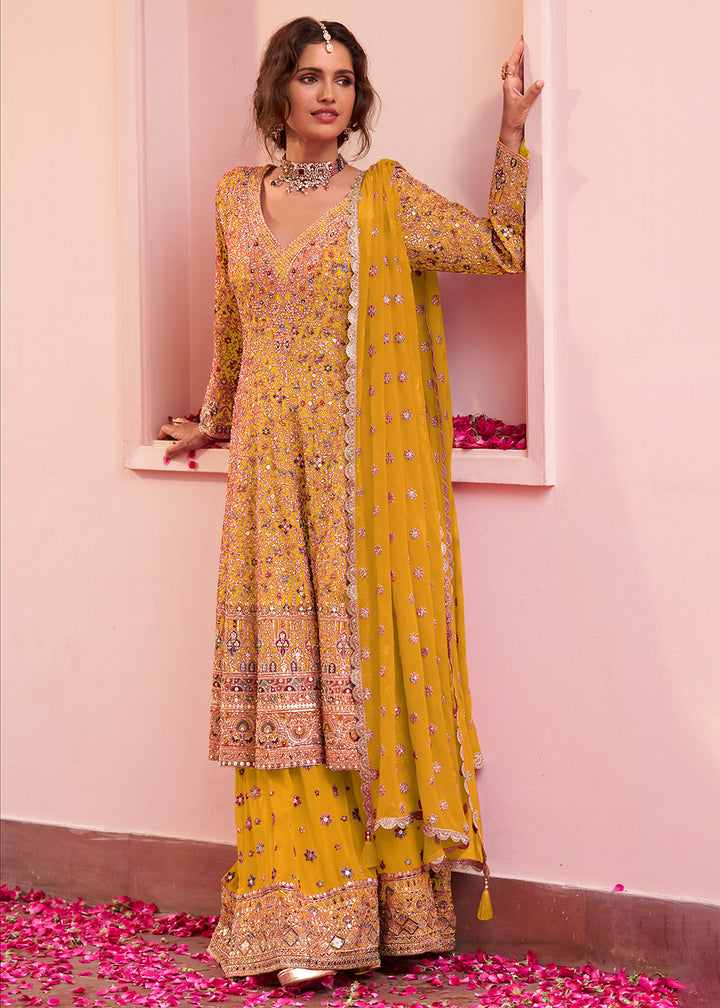Buy Now Yellow Embroidered Real Georgette Palazzo Style Suit Online in US, UK, Canada, Germany, Italy, France, Greece, Australia, UAE &amp; Worldwide at Empress.