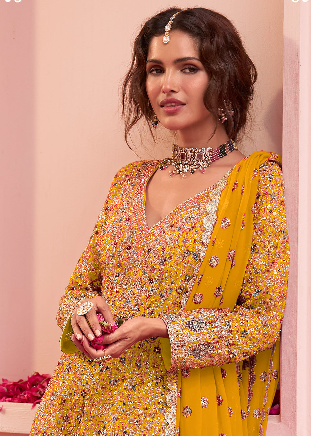 Buy Now Yellow Embroidered Real Georgette Palazzo Style Suit Online in US, UK, Canada, Germany, Italy, France, Greece, Australia, UAE & Worldwide at Empress.
