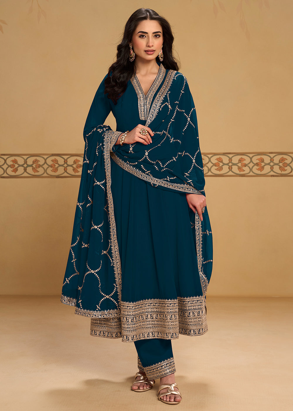 Buy Now Teal Blue Anarkali Top Style Pant Style Dress Online in US, UK, Canada, Germany, Italy, France, Greece, Australia, Austria, UAE & Worldwide at Empress.