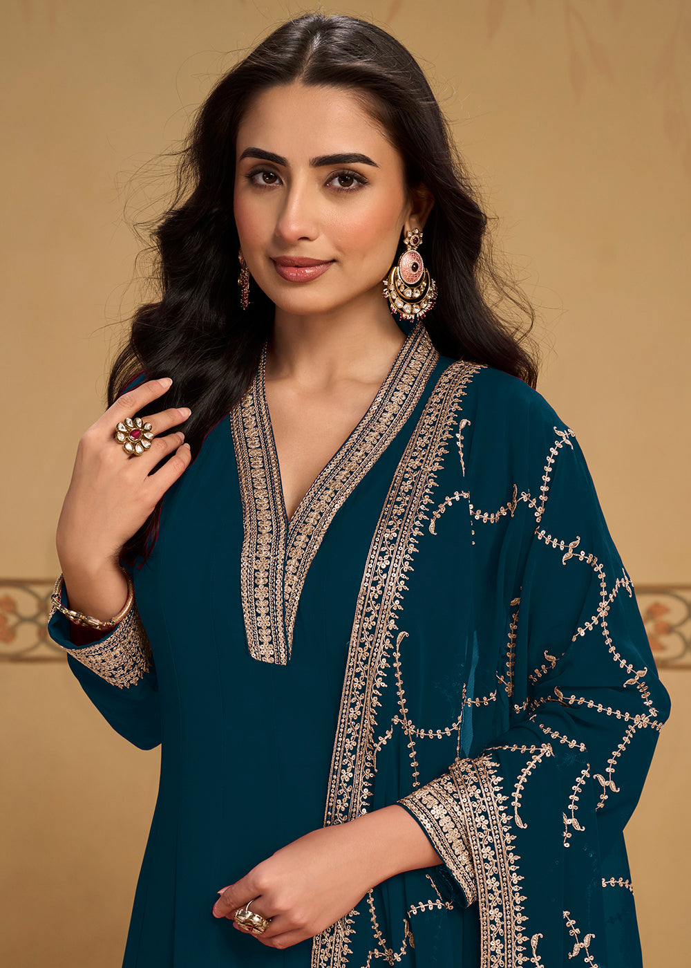 Buy Now Teal Blue Anarkali Top Style Pant Style Dress Online in US, UK, Canada, Germany, Italy, France, Greece, Australia, Austria, UAE &amp; Worldwide at Empress.