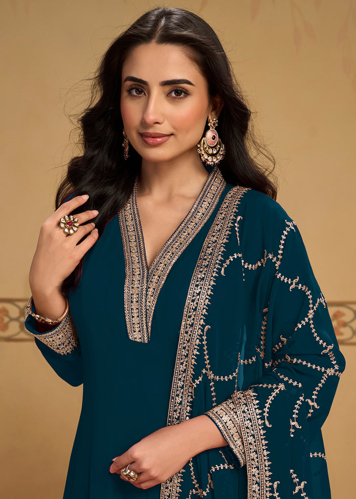 Buy Now Teal Blue Anarkali Top Style Pant Style Dress Online in US, UK, Canada, Germany, Italy, France, Greece, Australia, Austria, UAE &amp; Worldwide at Empress.