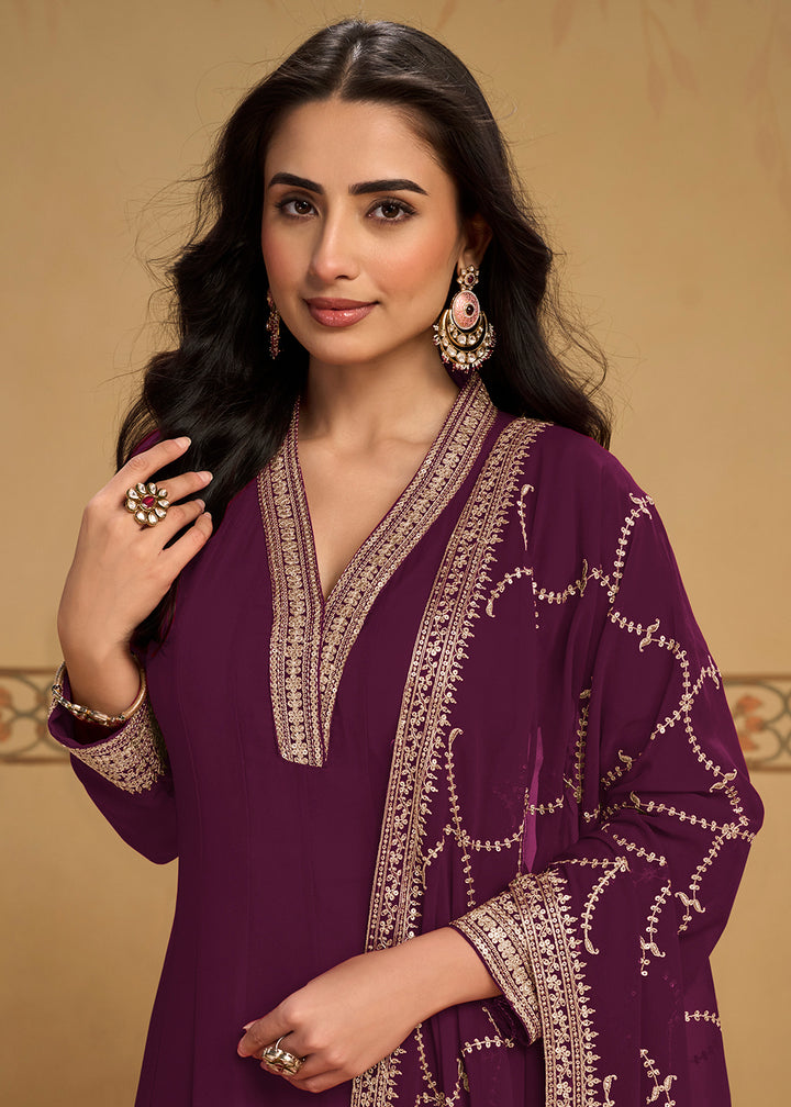 Buy Now Wine Purple Anarkali Top Style Pant Style Dress Online in US, UK, Canada, Germany, Italy, France, Greece, Australia, Austria, UAE &amp; Worldwide at Empress.