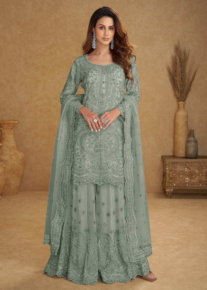 Buy Now Net Mint Green Embroidered Wedding Palazzo Suit Online in New York, Las Vegas, Newark, Chicago, Houston, Fremont, Dubai, Utah &amp; Worldwide at Empress.