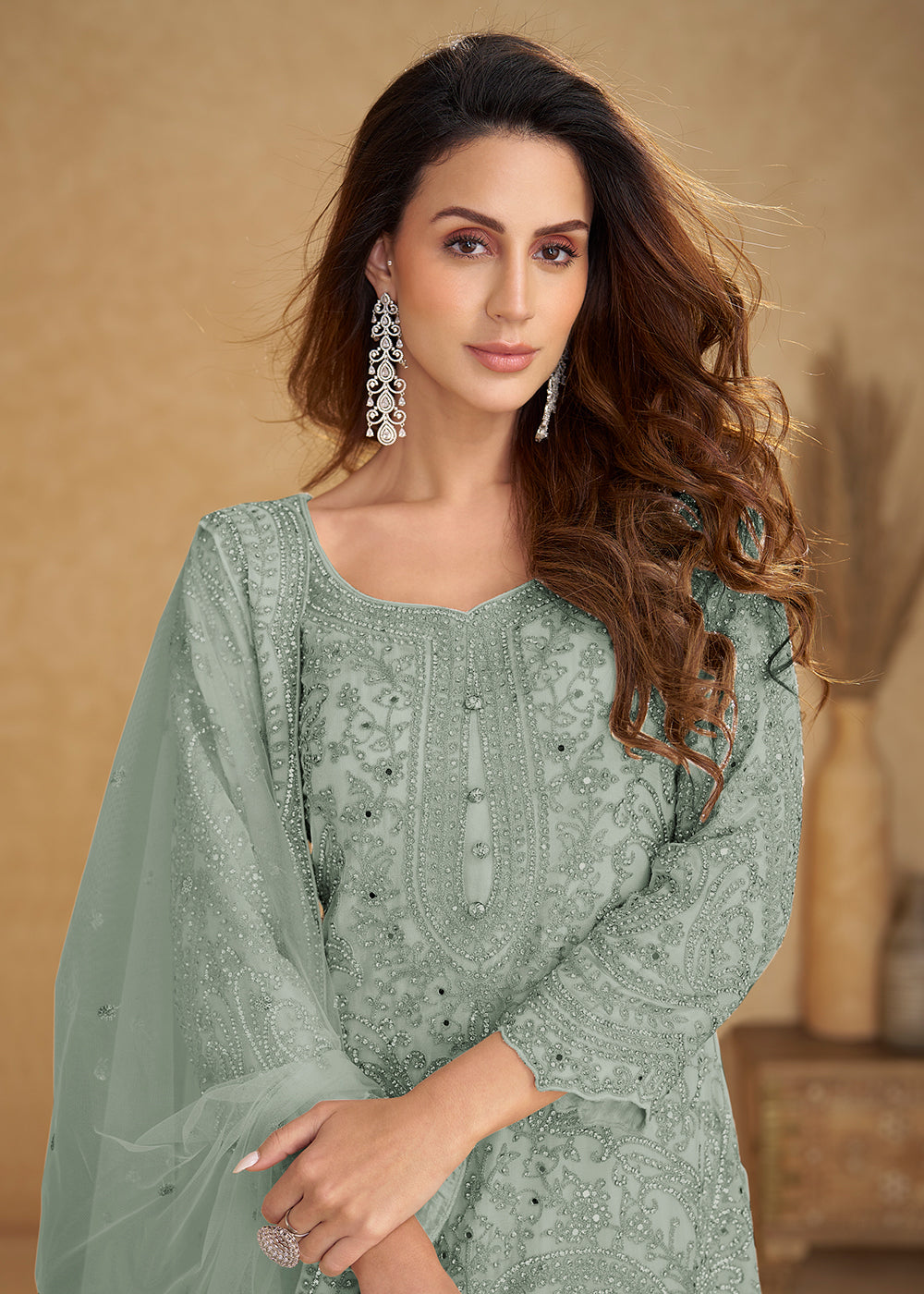 Buy Now Net Mint Green Embroidered Wedding Palazzo Suit Online in New York, Las Vegas, Newark, Chicago, Houston, Fremont, Dubai, Utah &amp; Worldwide at Empress.