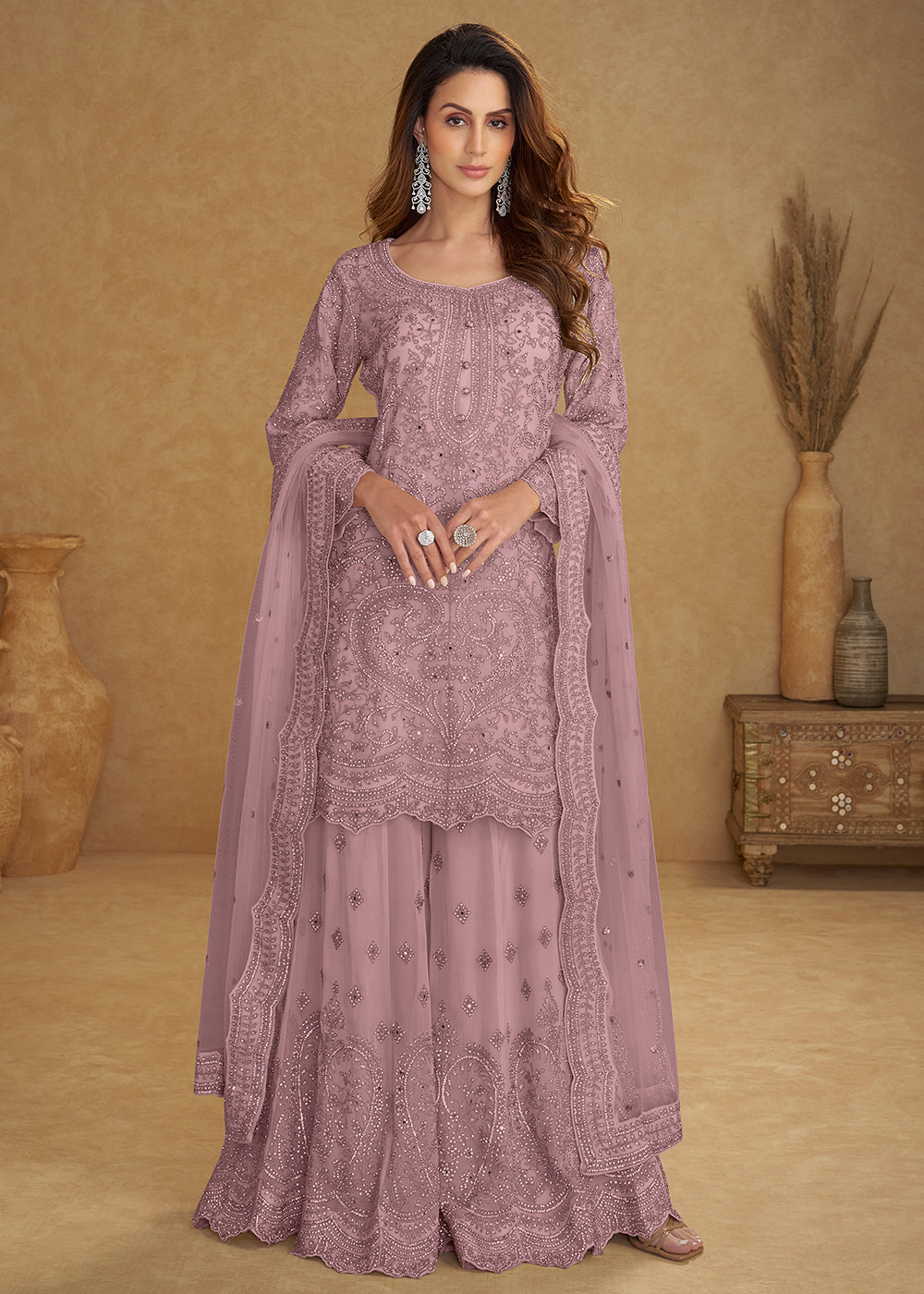 Buy Now Net Dusty Pink Embroidered Wedding Palazzo Suit Online in New York, Las Vegas, Newark, Chicago, Houston, Fremont, Dubai, Utah &amp; Worldwide at Empress.