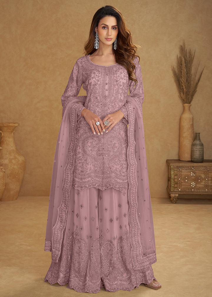 Buy Now Net Dusty Pink Embroidered Wedding Palazzo Suit Online in New York, Las Vegas, Newark, Chicago, Houston, Fremont, Dubai, Utah &amp; Worldwide at Empress.