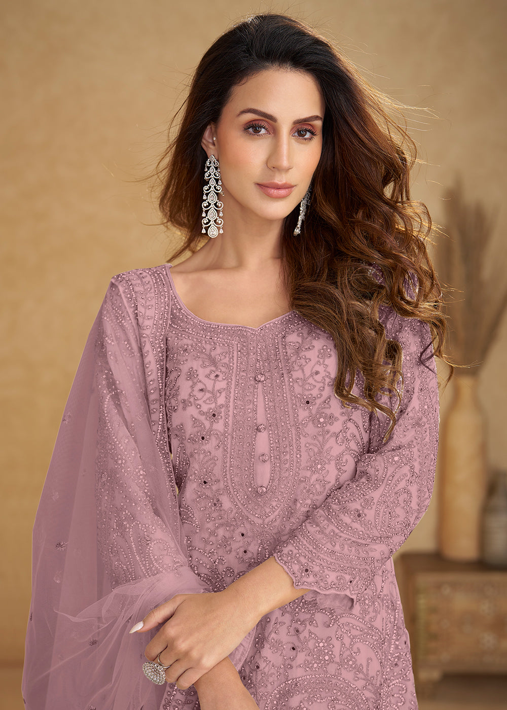 Buy Now Net Dusty Pink Embroidered Wedding Palazzo Suit Online in New York, Las Vegas, Newark, Chicago, Houston, Fremont, Dubai, Utah & Worldwide at Empress.