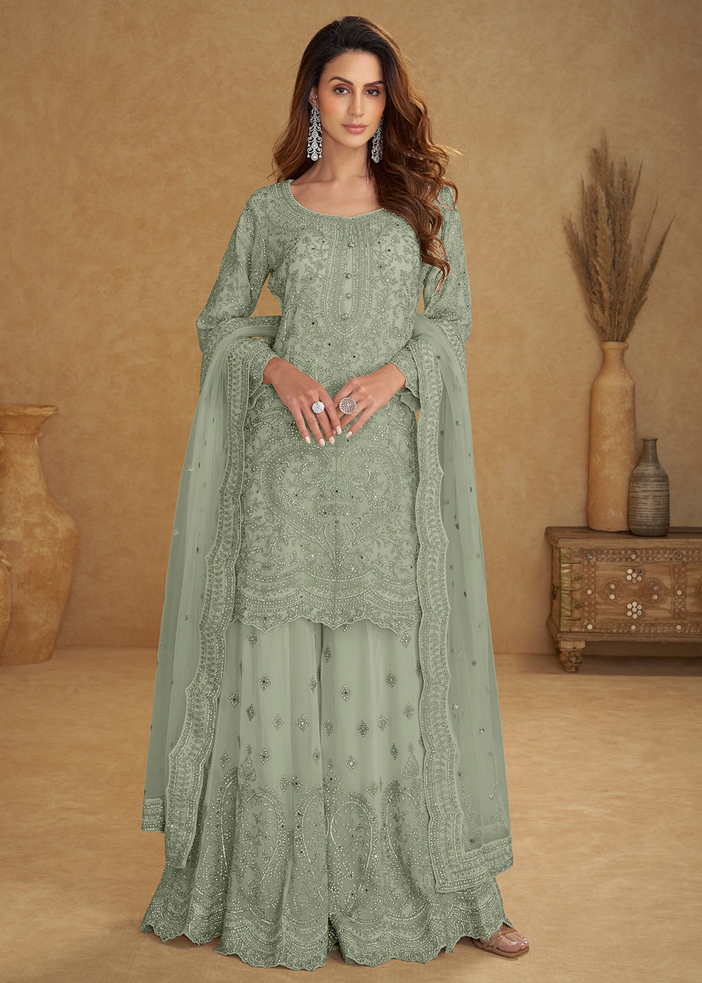 Buy Now Net Mint Blue Embroidered Wedding Palazzo Suit Online in New York, Las Vegas, Newark, Chicago, Houston, Fremont, Dubai, Utah &amp; Worldwide at Empress.