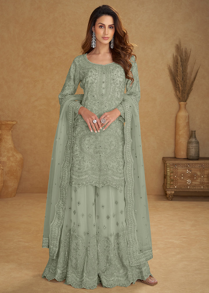 Buy Now Net Mint Blue Embroidered Wedding Palazzo Suit Online in New York, Las Vegas, Newark, Chicago, Houston, Fremont, Dubai, Utah &amp; Worldwide at Empress.