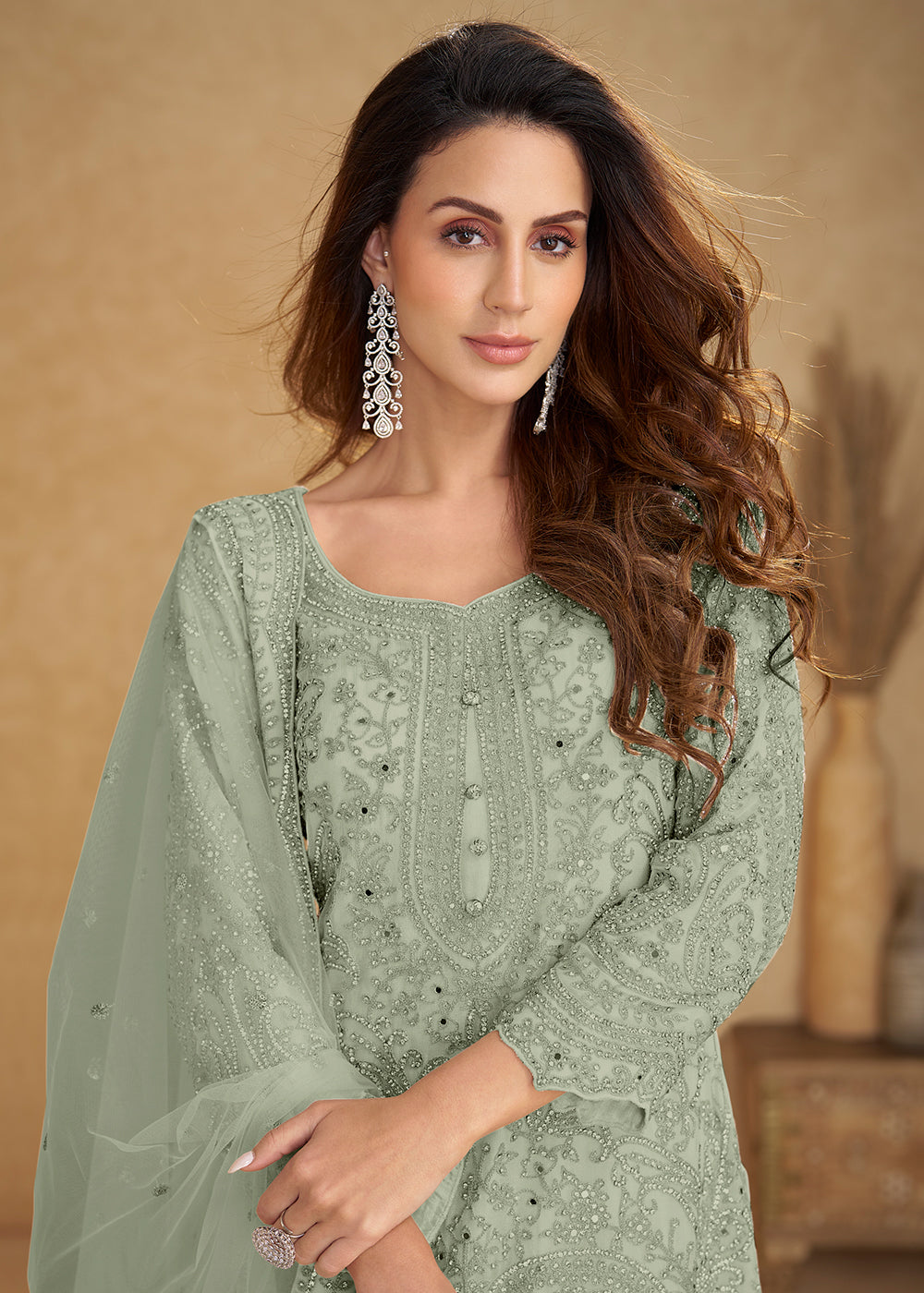 Buy Now Net Mint Blue Embroidered Wedding Palazzo Suit Online in New York, Las Vegas, Newark, Chicago, Houston, Fremont, Dubai, Utah &amp; Worldwide at Empress.