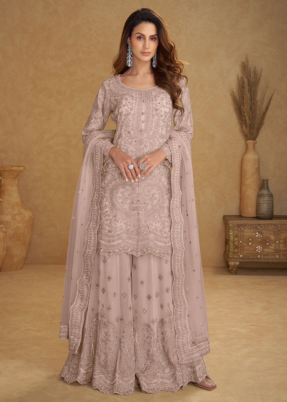 Buy Now Net Dusty Mauve Embroidered Wedding Palazzo Suit Online in New York, Las Vegas, Newark, Chicago, Houston, Fremont, Dubai, Utah &amp; Worldwide at Empress.