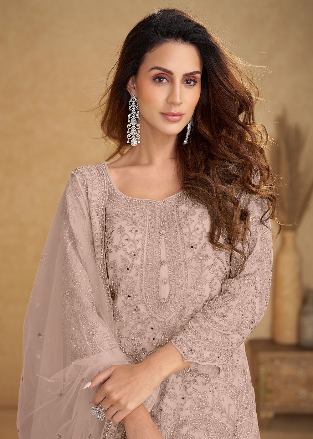 Buy Now Net Dusty Mauve Embroidered Wedding Palazzo Suit Online in New York, Las Vegas, Newark, Chicago, Houston, Fremont, Dubai, Utah &amp; Worldwide at Empress.