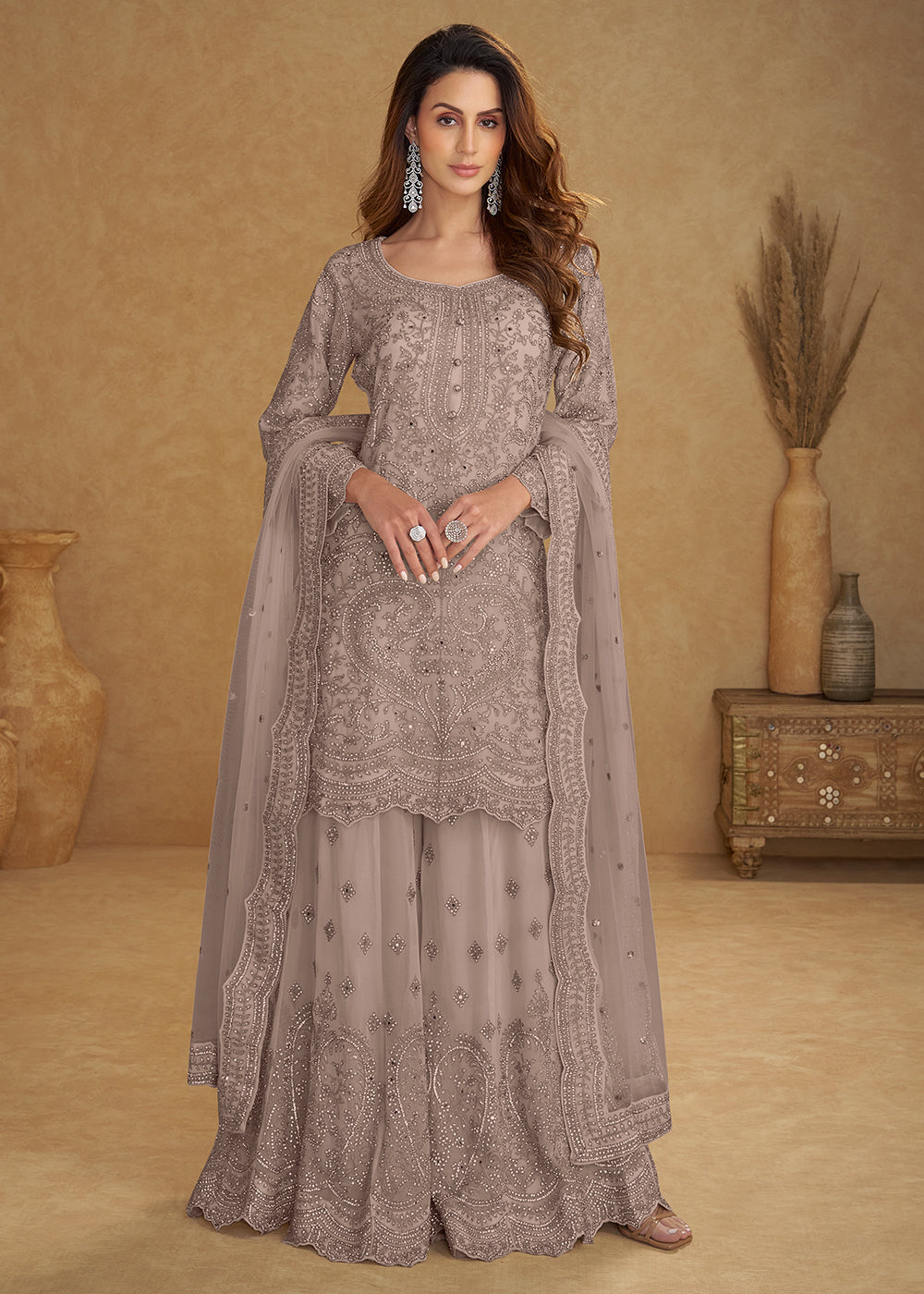 Buy Now Net Dusty Grey Embroidered Wedding Palazzo Suit Online in New York, Las Vegas, Newark, Chicago, Houston, Fremont, Dubai, Utah & Worldwide at Empress.