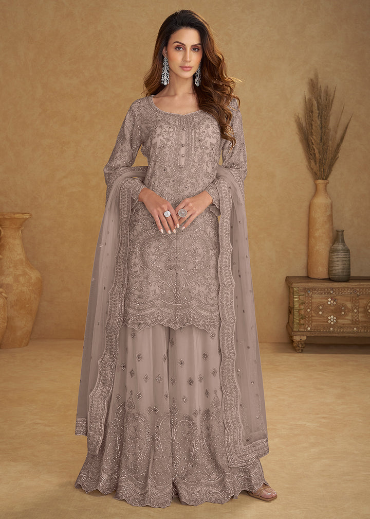 Buy Now Net Dusty Grey Embroidered Wedding Palazzo Suit Online in New York, Las Vegas, Newark, Chicago, Houston, Fremont, Dubai, Utah &amp; Worldwide at Empress.
