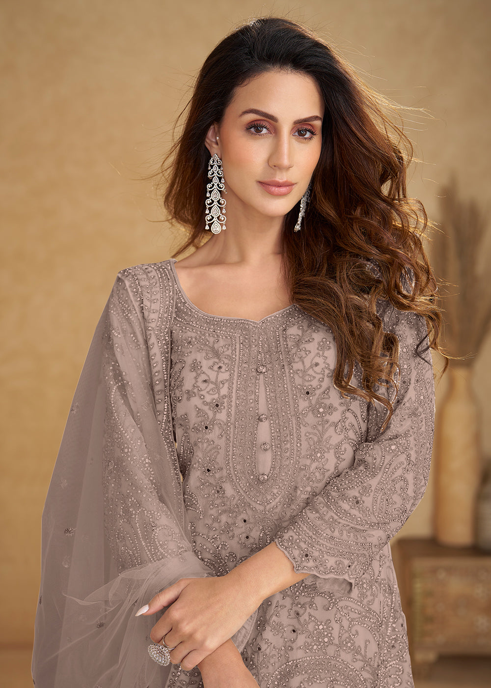 Buy Now Net Dusty Grey Embroidered Wedding Palazzo Suit Online in New York, Las Vegas, Newark, Chicago, Houston, Fremont, Dubai, Utah &amp; Worldwide at Empress.