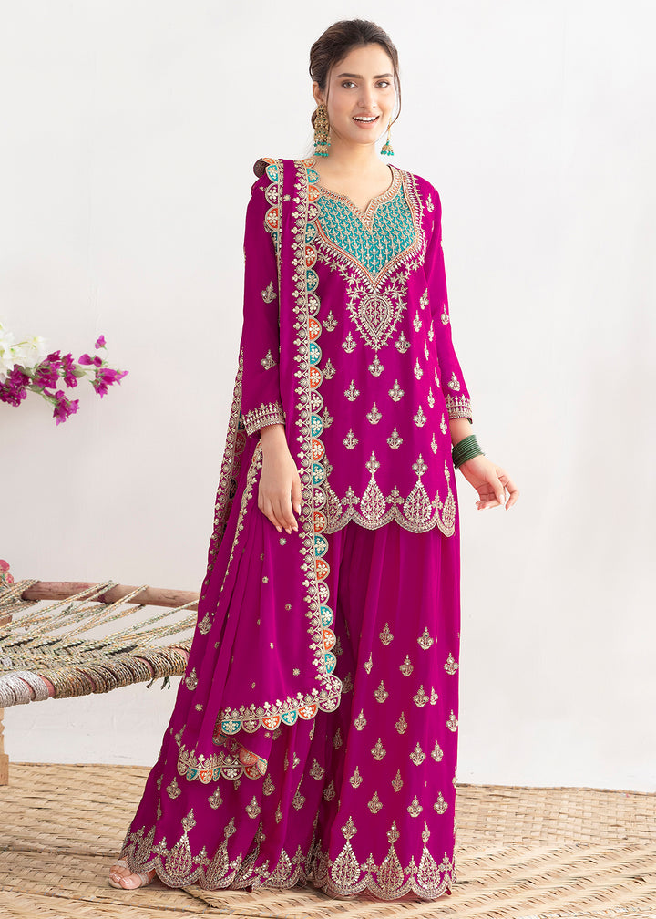 Buy Now Magenta Dabka Dori & Sequins Palazzo Style Suit Online in Newark, Miami, Toronto, London, Bayern, Katy, Utah, New York, Dubai & Worldwide at Empress.