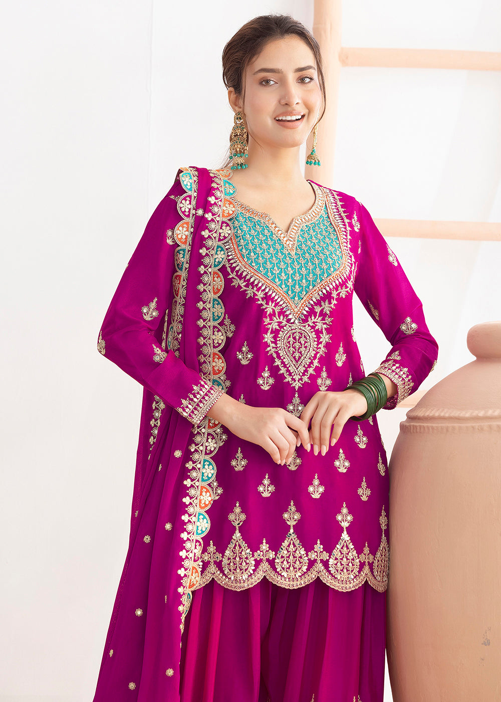 Buy Now Magenta Dabka Dori & Sequins Palazzo Style Suit Online in Newark, Miami, Toronto, London, Bayern, Katy, Utah, New York, Dubai & Worldwide at Empress.