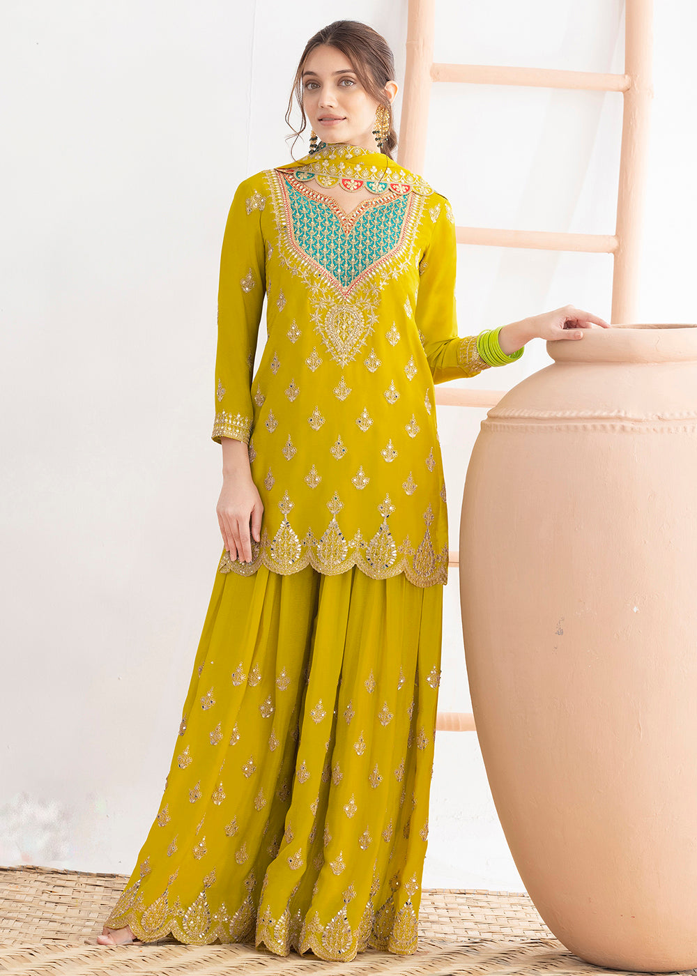 Buy Now Green Dabka Dori & Sequins Palazzo Style Suit Online in Newark, Miami, Toronto, London, Bayern, Katy, Utah, New York, Dubai & Worldwide at Empress.