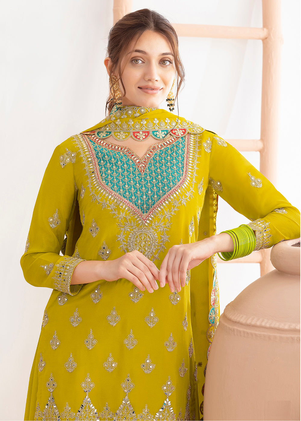 Buy Now Green Dabka Dori & Sequins Palazzo Style Suit Online in Newark, Miami, Toronto, London, Bayern, Katy, Utah, New York, Dubai & Worldwide at Empress.