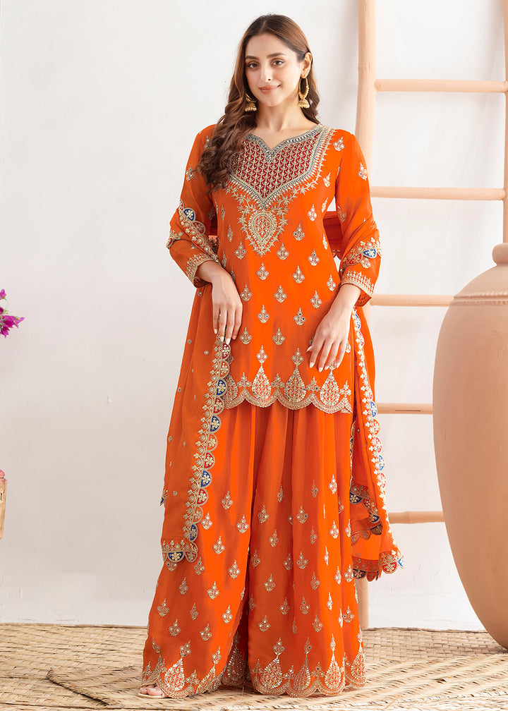 Buy Now Orange Dabka Dori & Sequins Palazzo Style Suit Online in Newark, Miami, Toronto, London, Bayern, Katy, Utah, New York, Dubai & Worldwide at Empress.