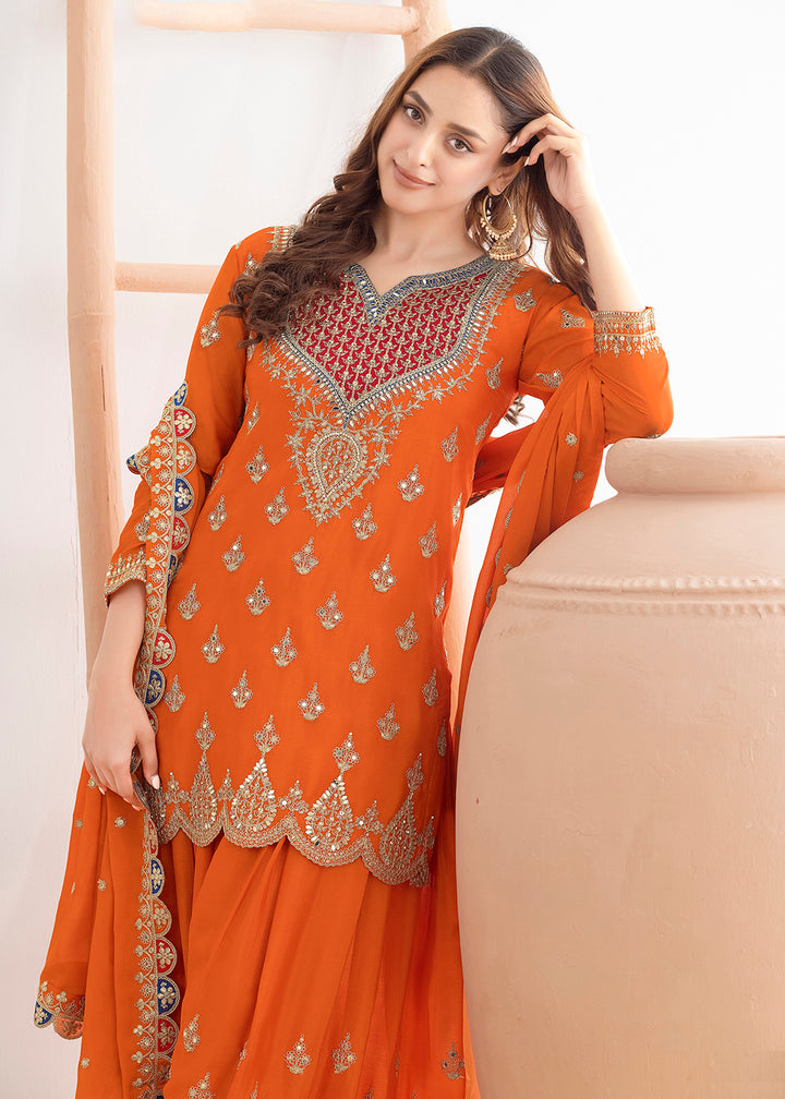 Buy Now Orange Dabka Dori & Sequins Palazzo Style Suit Online in Newark, Miami, Toronto, London, Bayern, Katy, Utah, New York, Dubai & Worldwide at Empress.
