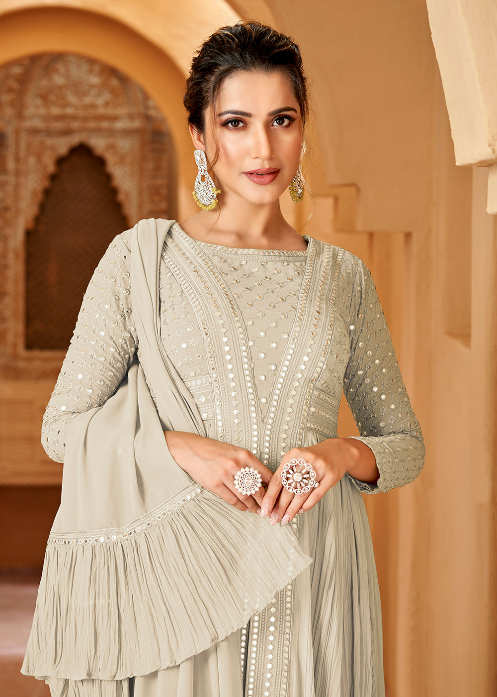 Buy Now Off White Crushed Georgette Mirror Lucknowi Work Anarkali Dress Online in USA, UK, Australia, New Zealand, Canada & Worldwide at Empress Clothing.