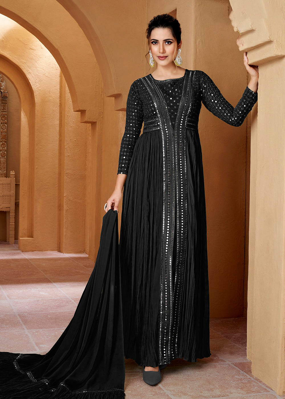Buy Now Black Crushed Georgette Mirror Lucknowi Work Anarkali Dress Online in USA, UK, Australia, New Zealand, Canada & Worldwide at Empress Clothing. 