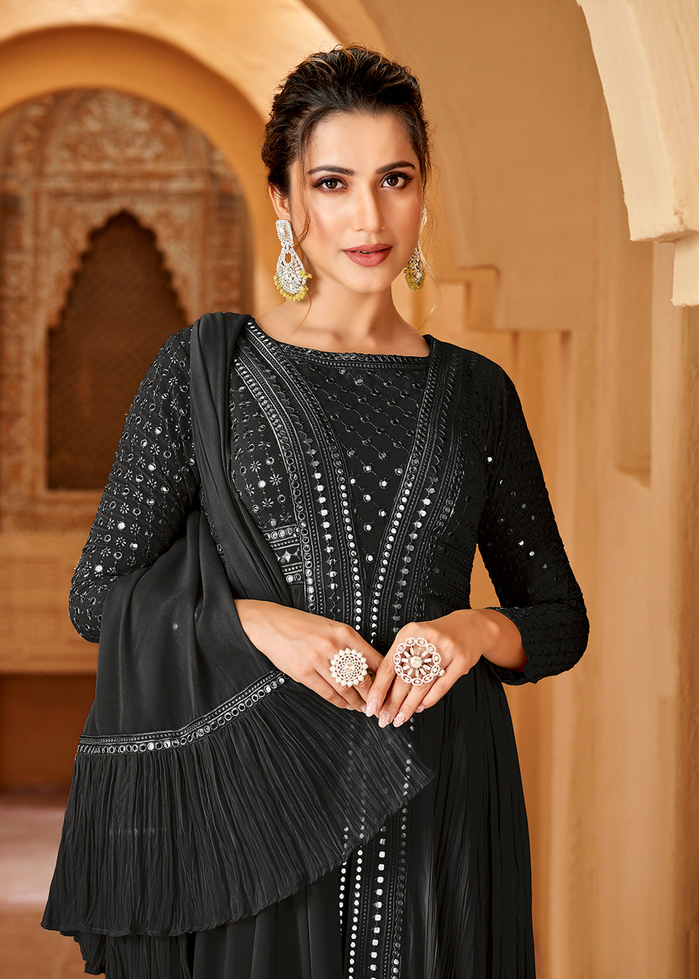 Buy Now Black Crushed Georgette Mirror Lucknowi Work Anarkali Dress Online in USA, UK, Australia, New Zealand, Canada & Worldwide at Empress Clothing. 
