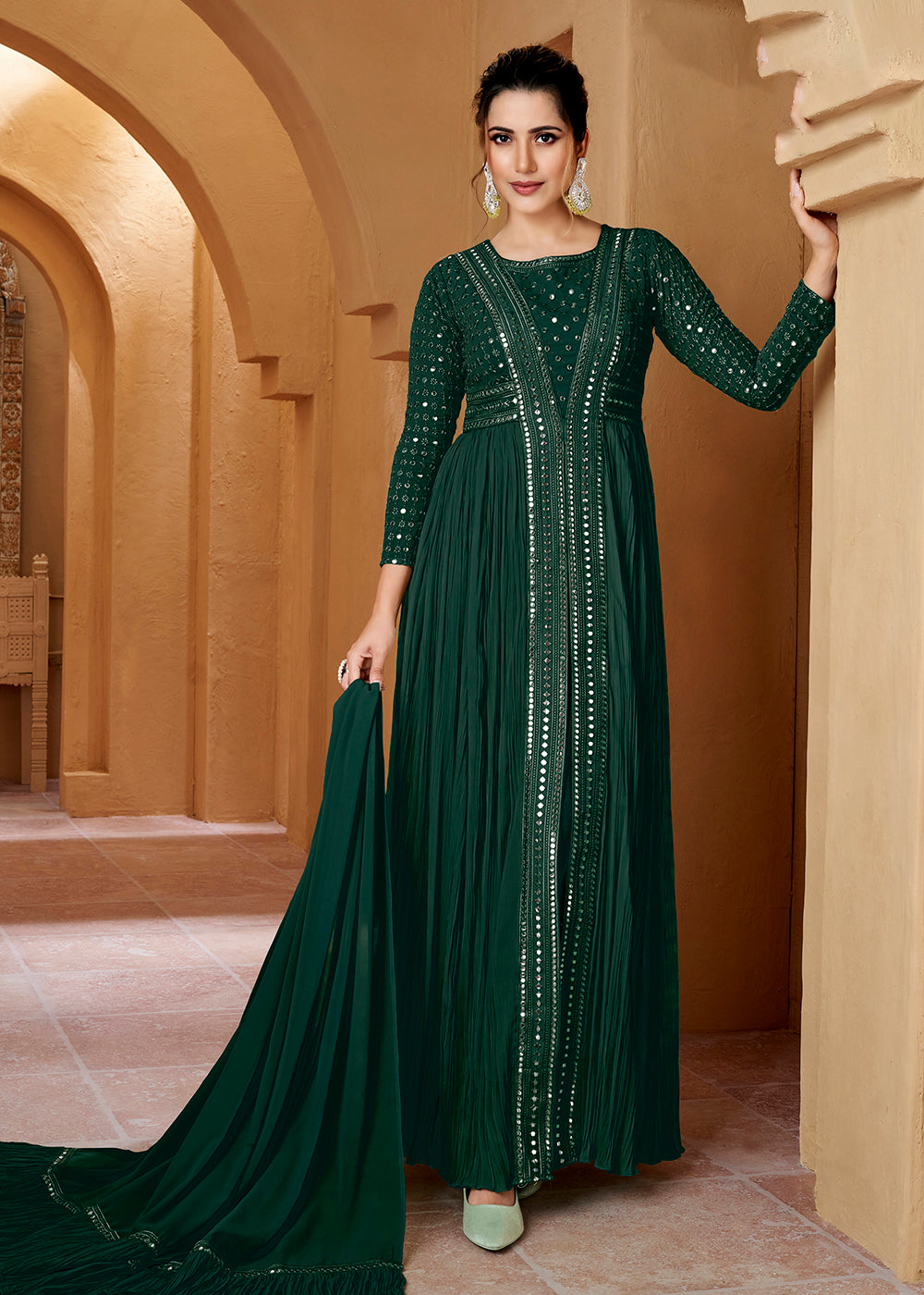 Buy Now Green Crushed Georgette Mirror Lucknowi Work Anarkali Dress Online in USA, UK, Australia, New Zealand, Canada & Worldwide at Empress Clothing. 