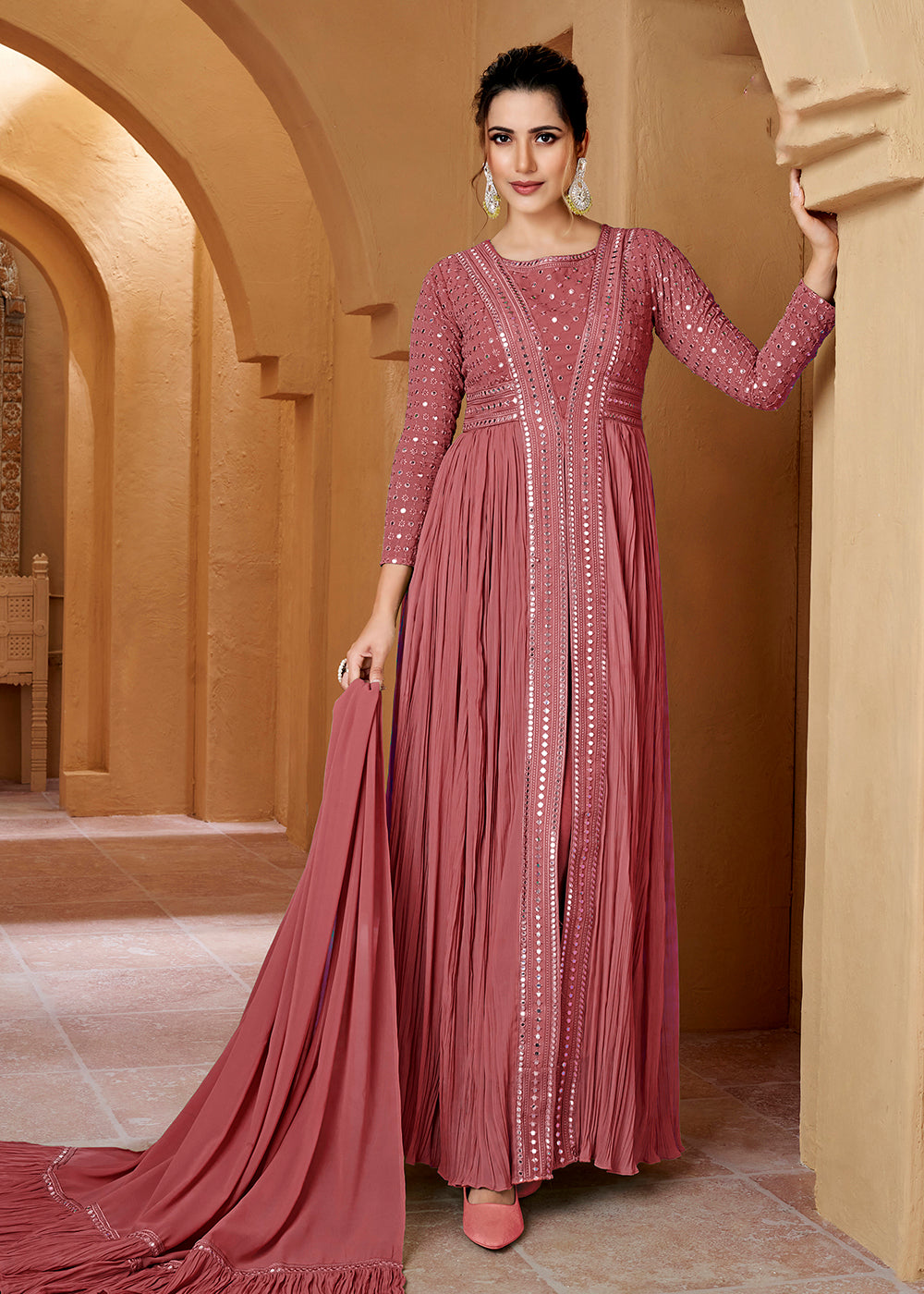 Buy Now Pink Crushed Georgette Mirror Lucknowi Work Anarkali Dress Online in USA, UK, Australia, New Zealand, Canada & Worldwide at Empress Clothing.